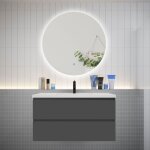 Biubiubath - meuble de salle de bain � 2 tiroirs avec lavabo et miroir rond multifonctionnel led - anthracite ...