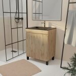 Meuble de salle de bains 60 cm 2 portes ch�ne naturel + vasque c�ramique noire - timber