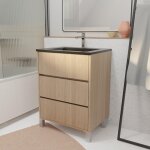 Aurlane - meuble de salle de bains 60 cm 3 tiroirs ch�ne clair + vasque c�ramique noire - xenos