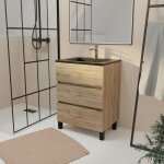 Meuble de salle de bains 60 cm 3 tiroirs chne naturel + vasque cramique noire - timber