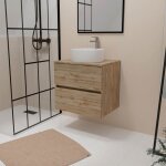 Aurlane - meuble salle de bains 60cm 2 tiroirs chne naturel + vasque ronde diamtre 36cm en cramique ...