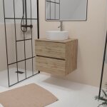 Aurlane - meuble salle de bains 60cm 2 tiroirs chne naturel + vasque ronde diamtre 41cm en cramique ...