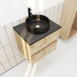 Meuble salle de bains 60cm chne naturel 2 tiroirs - plan effet marbre noir + vasque ronde noire