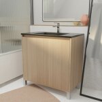 Aurlane - meuble de salle de bains 80 cm 2 portes ch�ne clair + vasque c�ramique noire - xenos