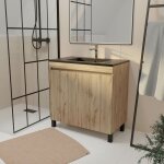 Aurlane - meuble de salle de bains 80 cm 2 portes chne naturel + vasque cramique noire - timber