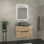 Meuble salle de bains 80 cm 2 tiroirs - ch�ne et noir - vasque carr�e - miroir led - omega