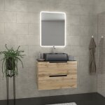Meuble salle de bains 80 cm 2 tiroirs - ch�ne et noir - vasque rectangle - miroir led - omega