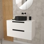 Meuble salle de bains 80 cm blanc laque a suspendre - 2 tiroirs - vasque noire 36 cm