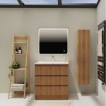 Meuble salle de bain 80 cm a poser - plan vasque céramique - effet bois strié - karaib 2 Meuble salle de bain 80 cm a poser - plan vasque céramique - effet bois strié - karaib 2