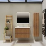 Meuble salle de bain 80 cm - plan vasque céramique - effet bois strié - a suspendre - karaib 2 Meuble salle de bain 80 cm - plan vasque céramique - effet bois strié - a suspendre - karaib 2