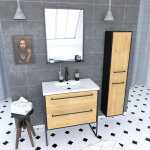 Aurlane - meuble salle de bains 80 cm, vasque blanche, miroir et colonne - ch�ne et noir - structura