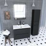Aurlane - meuble salle de bains 80 cm, vasque blanche, miroir led et colonne - noir - structura
