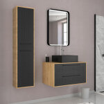 Meuble salle de bains 80 cm, vasque carrée, miroir led et colonne - chêne naturel et noir - uby Meuble salle de bains 80 cm, vasque carrée, miroir led et colonne - chêne naturel et noir - uby