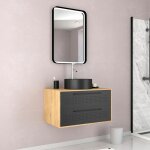 Meuble de salle de bains 80 cm, vasque ronde et miroir led - chne naturel et noir mat - uby