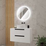 Meuble salle de bains 80cm blanc laque 2 tiroirs - vasque blanche 36cm et miroir rond a led