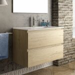 Meuble de salle de bain 80cm simple vasque - 2 tiroirs - sans miroir - bambou (chne clair) - balea