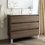 Cosyneo - meuble de salle de bain 80cm simple vasque - 3 tiroirs - sans miroir - britannia (ch�ne fonc�) ...