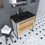 Aurlane - meuble de salle de bain 80x50 cm + 2 tiroirs chne naturel + vasque rsine noir effet pierre ...