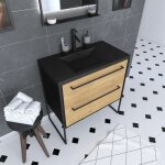 Aurlane - meuble de salle de bain 80x50 cm noir mat - 2 tiroirs chêne brun - vasque résine noir effet ... Aurlane - meuble de salle de bain 80x50 cm noir mat - 2 tiroirs chêne brun - vasque résine noir effet ...