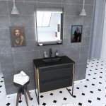 Meuble de salle de bain 80x50cm chene brun - 2 tiroirs - vasque resine noire effet pierre - miroir Meuble de salle de bain 80x50cm chene brun - 2 tiroirs - vasque resine noire effet pierre - miroir