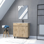 Aurlane - meuble salle de bain 80x80 - finition chene naturel + vasque blanche + miroir led - timber ...