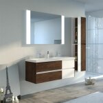 Distribain ? meuble de salle de bain double vasque 120 cm ? mdf ch�ne fonc� ? 4 tiroirs push open ? miroir ...