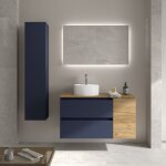 Meuble de salle de bain bequia plus 90cm bleu mat / ch�ne vasque � poser porcelaine c�t� r�versible