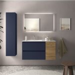 Meuble de salle de bain bequia plus 90cm bleu mat / ch�ne vasque porcelaine robinet � gauche