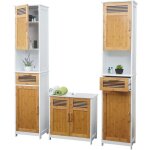 Hhg - meubles de salle de bain 146, 2x armoire haute, meuble sous �vier, bambou, blanc