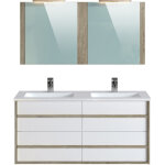 Pegane - meuble de salle de bain en m�lamine coloris ch�ne / blanc - longueur 122 x profondeur 46 x hauteur ...