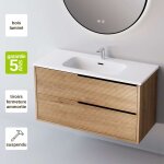 Meuble de salle de bain plan vasque c�ramique, 2 tiroirs ch�ne naturel, poign�e noir, l60xh54xp45, effet ...