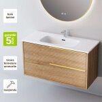 Meuble de salle de bain plan vasque c�ramique, 2 tiroirs ch�ne naturel, poign�e or, l60xh54xp45, effet ...