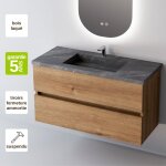 Meuble de salle de bain plan vasque gr�s c�rame noir allure, 2 tiroirs, l60xh54xp45, ch�ne naturel, ancona ...