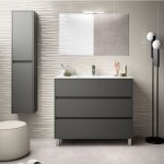 Meuble de salle de bain sur pied 100 cm en bois noir satin avec vasque en porcelaine - nova - avec miroir ...