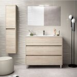Meuble de salle de bain sur pied en bois naturel 100 cm avec vasque en porcelaine - nova - avec miroir ...