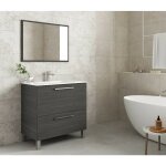 Meuble de salle de bain au sol 80 cm gris cendre avec miroir - leeds - gris cendr avec colonne et lampe ...
