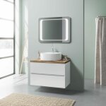 Kiamami valentina - meuble de salle de bains � suspendre 80 cm blanc, plan et comptoir en ch�ne lavabo ...