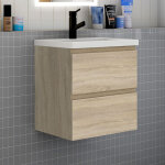 Meuble de salle de bain suspendre avec vasque 2 tiroirs fermeture amortie meuble de rangement bois clair ...