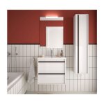 Meuble de salle de bain suspendu 60 cm en bois blanc satin avec deux tiroirs et vasque en porcelaine ...