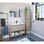 Abitare - meuble de salle de bain suspendu 80 cm 1 tiroir et 1 niche chne avec miroir et lavabo encastr ...