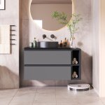 Meuble de salle de bain suspendu avec vasque en c�ramique et 2 tiroirs - plateaux en marbre - noir(robinet ...