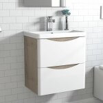 Meuble de salle de bain avec vasque 50 cm, meuble blanc et bois avec 2 tiroirs, meuble d�mont�
