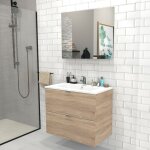 Meuble sous - vasque 2 tiroirs malaga 80 cm + vasque + miroir / décor chêne blanchi / Meuble sous - vasque 2 tiroirs malaga 80 cm + vasque + miroir / décor chêne blanchi /