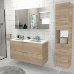 Le quai des affaires - meuble sous - vasque malaga 120 cm + vasque + miroir + colonne / décor chêne blanchi ... Le quai des affaires - meuble sous - vasque malaga 120 cm + vasque + miroir + colonne / décor chêne blanchi ...