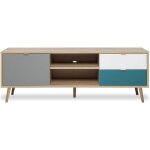 Abitare - meuble tv 150x40x52 cm chne clair, blanc mat, gris clair et ptrole avec une porte et deux ...
