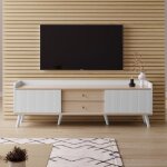 Meuble tv 160cm avec 2 tiroirs et 2 portes coulissantes - blanc & naturel
