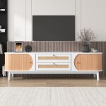 Wishdor - meuble tv blanc et bois avec portes coulissantes et tiroirs en rotin, cts en rotin