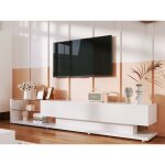 Meuble tv 170cm avec led et cloison vitr�e - 2 tiroirs - blanc