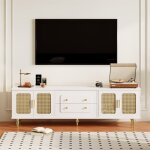 Meuble tv 175x38x55. 5cm, style r�tro, avec 2 portes en rotin et 2 tiroirs, pieds en bois m�tal, blanc ...
