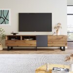 Wishdor - meuble tv 180 cm, meuble tv bois avec 2 compartiments ouverts avec 2 tiroirs, couleur bois ...